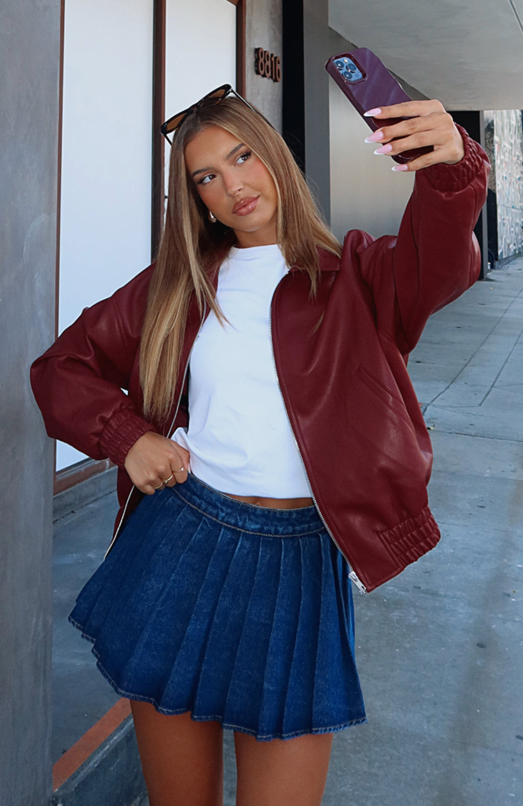 Might Cause Trouble PU Bomber Jacket Burgundy
