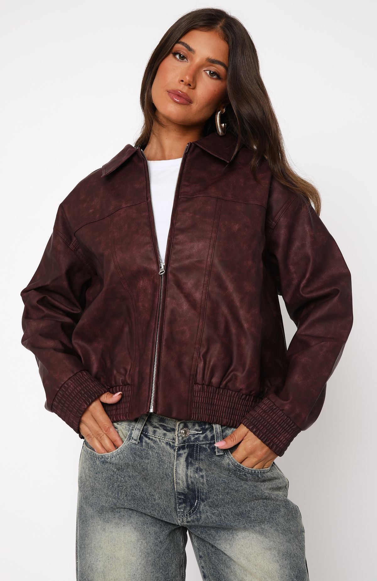 Make Things Right PU Bomber Jacket Plum