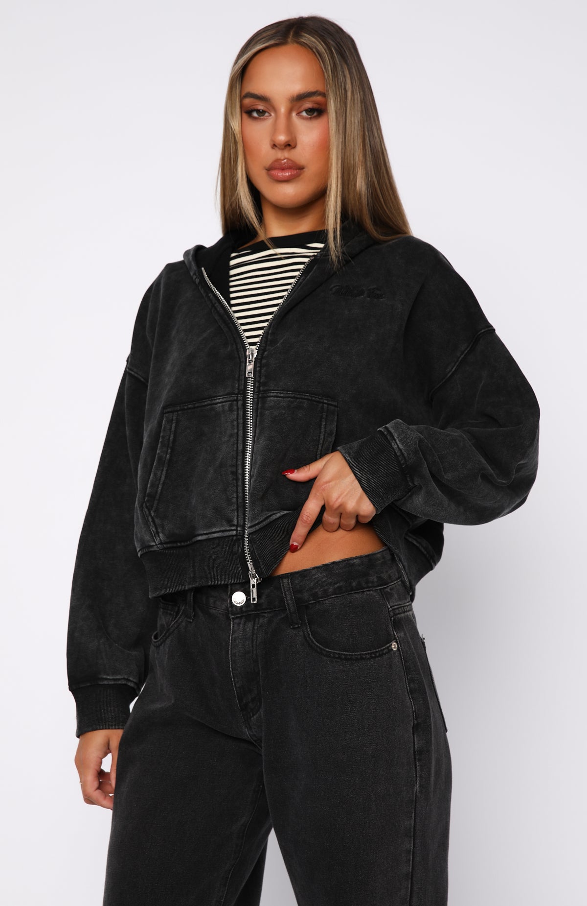 Hard To Remember Zip Front Hoodie Washed Black