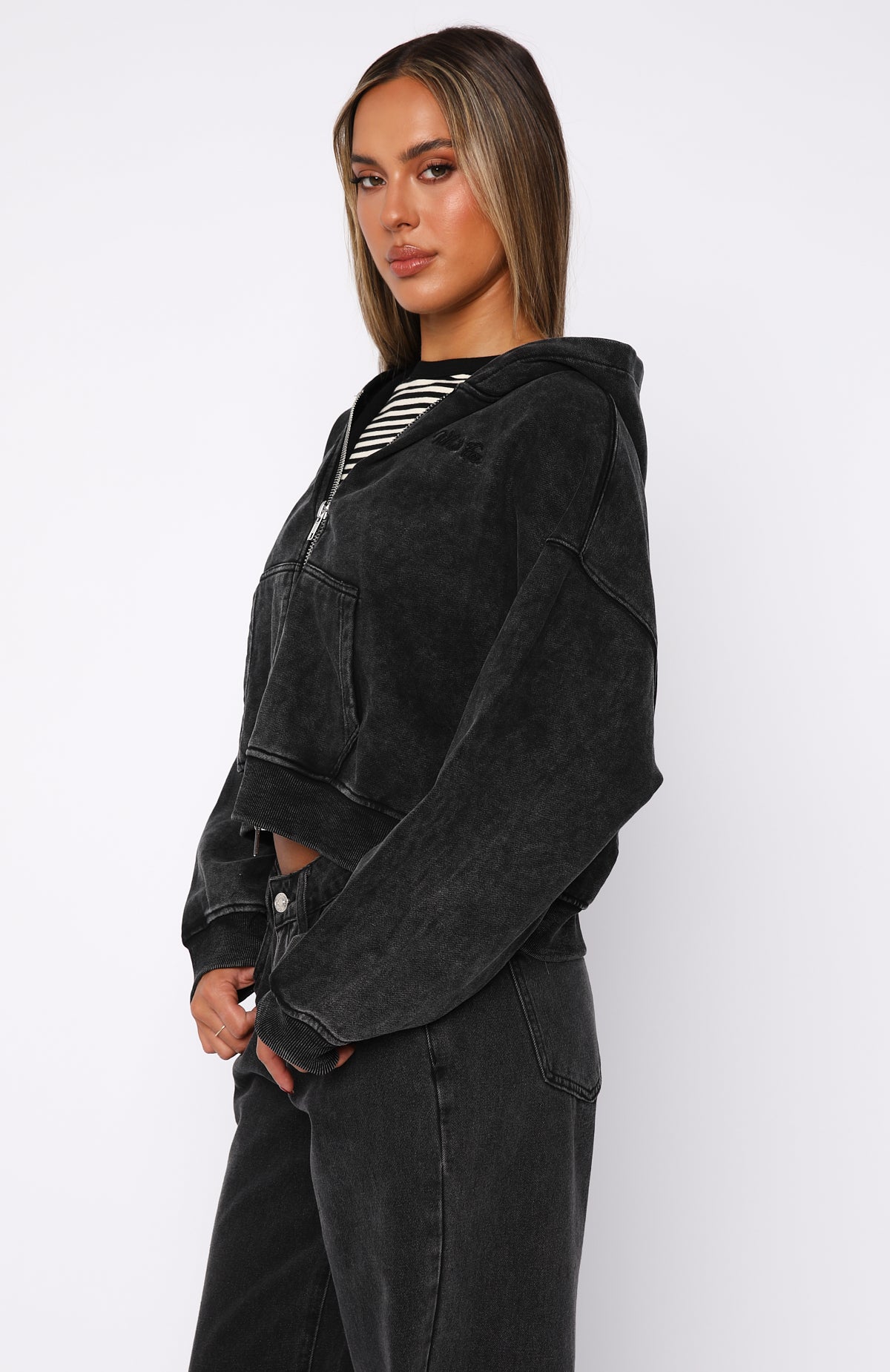 Hard To Remember Zip Front Hoodie Washed Black